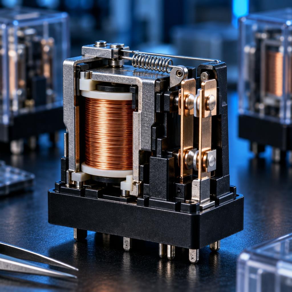 Close-up of relay contacts and coil mechanism